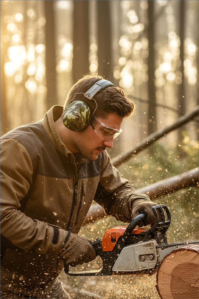 Man with earmuffs sawing wood in the forest